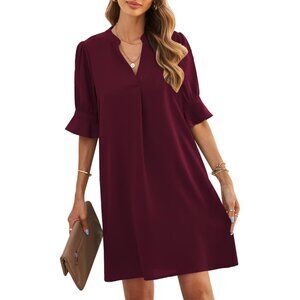 Womens Wine 100% Polyester V-Neck Loose Fit Short Sleeve Knee Length Shift Dress